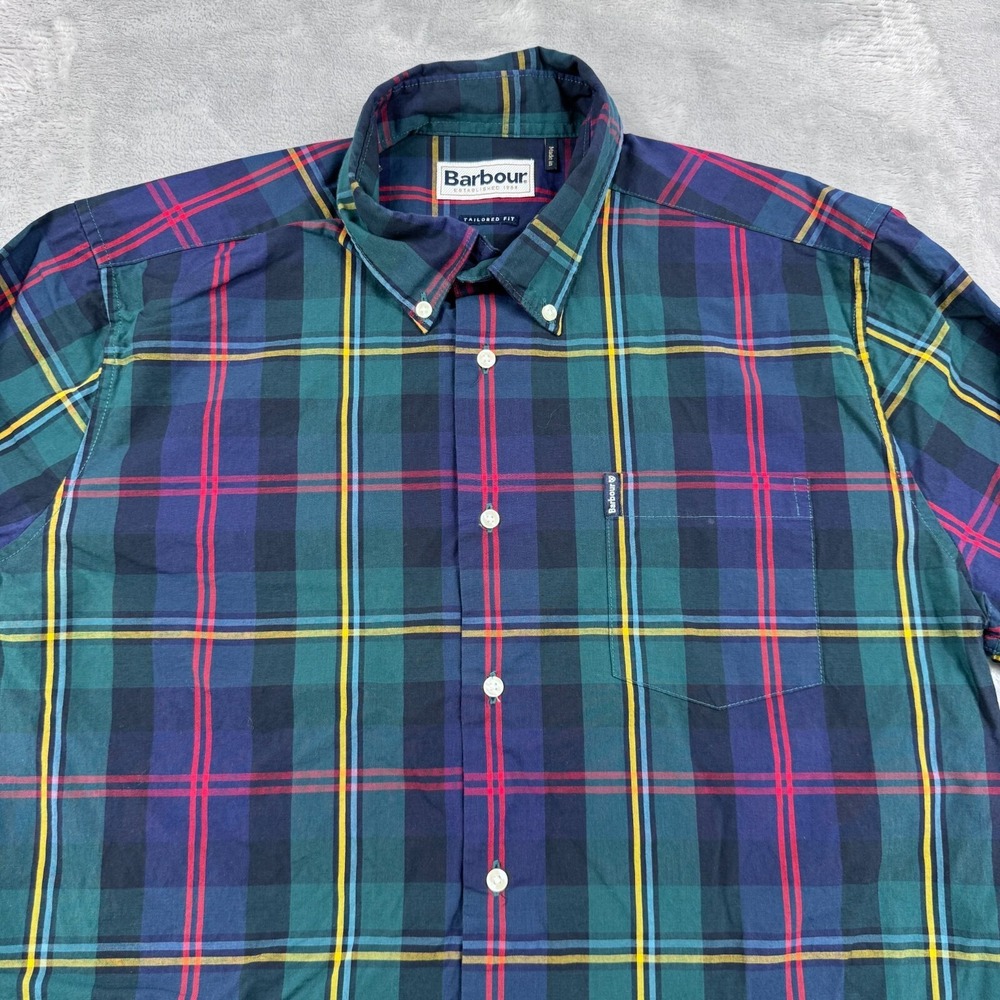 Barbour Shirt Mens Medium Green Plaid Checked Tailored Button‎ Down Long Sleeve